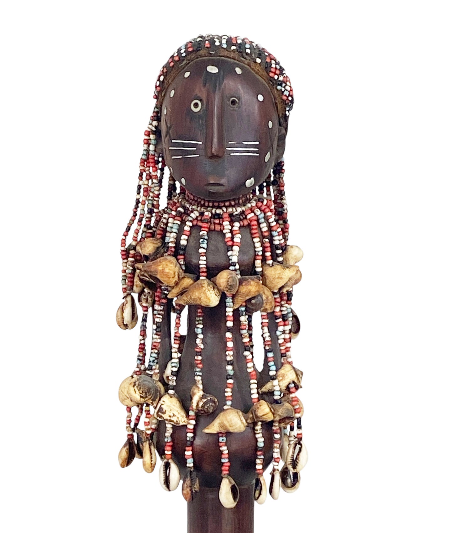 #1162LG Vintage African Carved Wood w/ Trade Beads Shells  Namji Fertility Doll 29" H