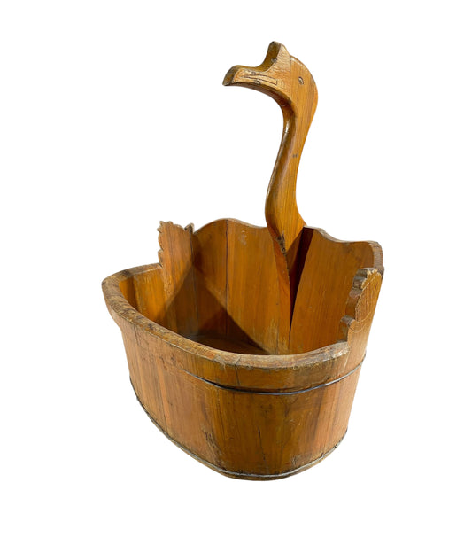 #5553A153A Chinoiserie Boho Vtg Wood  Mandarin Duck Basket 22.5" H