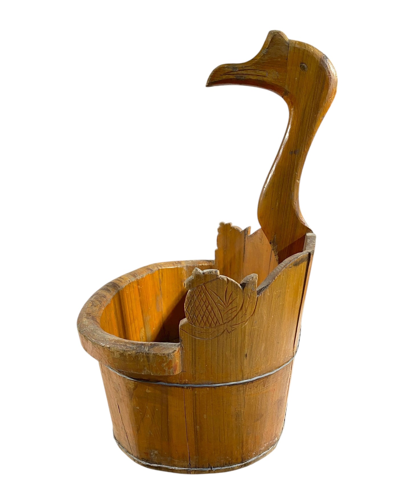 #5553A153A Chinoiserie Boho Vtg Wood  Mandarin Duck Basket 22.5" H