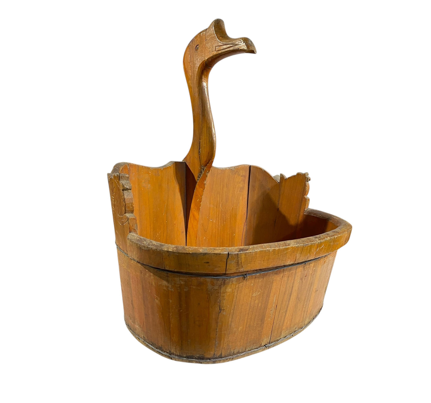 #5553A153A Chinoiserie Boho Vtg Wood  Mandarin Duck Basket 22.5" H