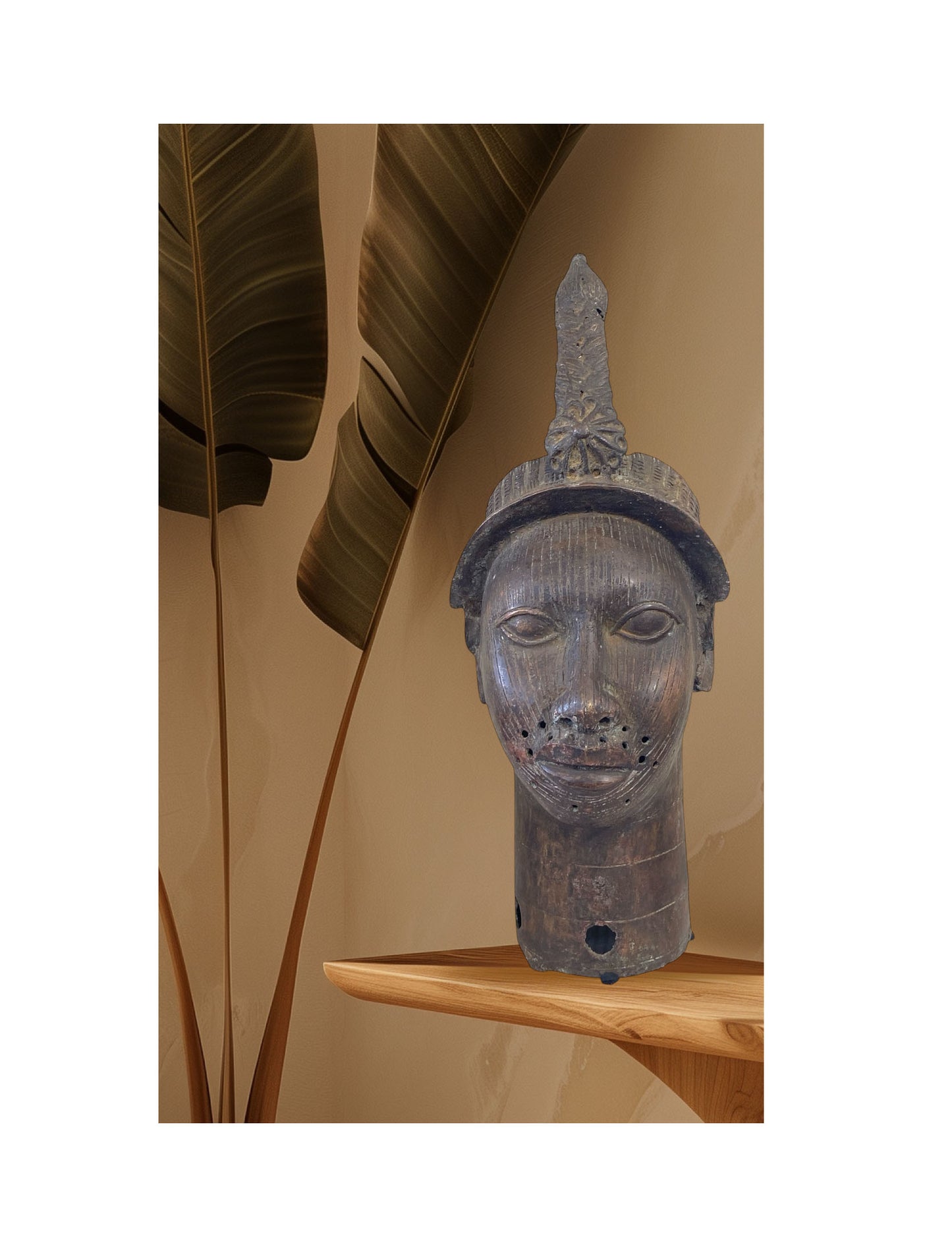 # 969 Superb Lg Benin Bronze Head of Oba Nigeria African 21.5" H