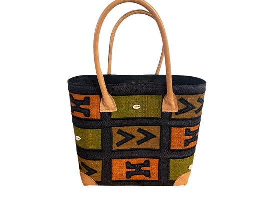 #668 Sewn & Embroidered Raffia /leather Tote Bag  Madagascar