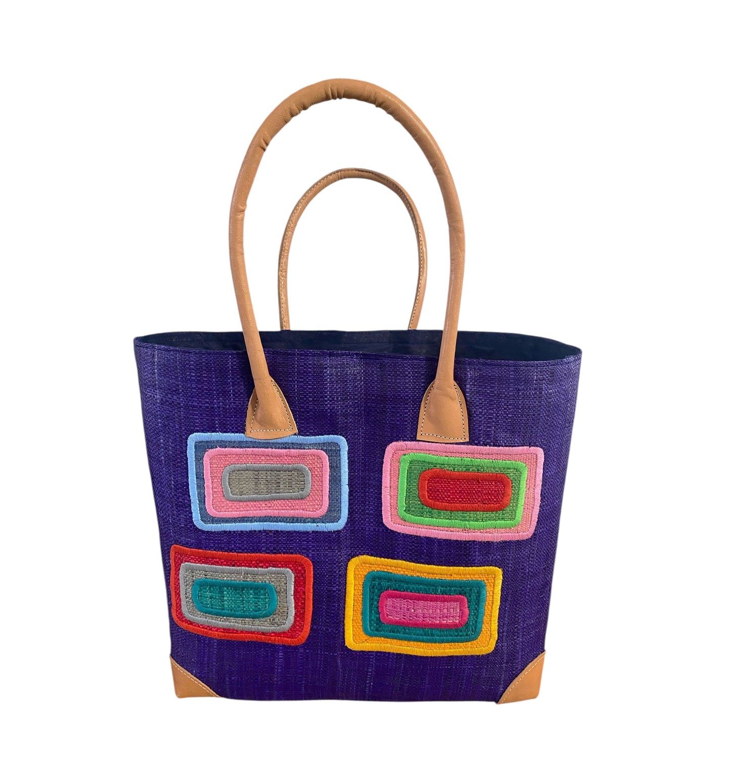 #669 Sewn & Embroidered Large Raffia /leather Tote Bag  Madagascar