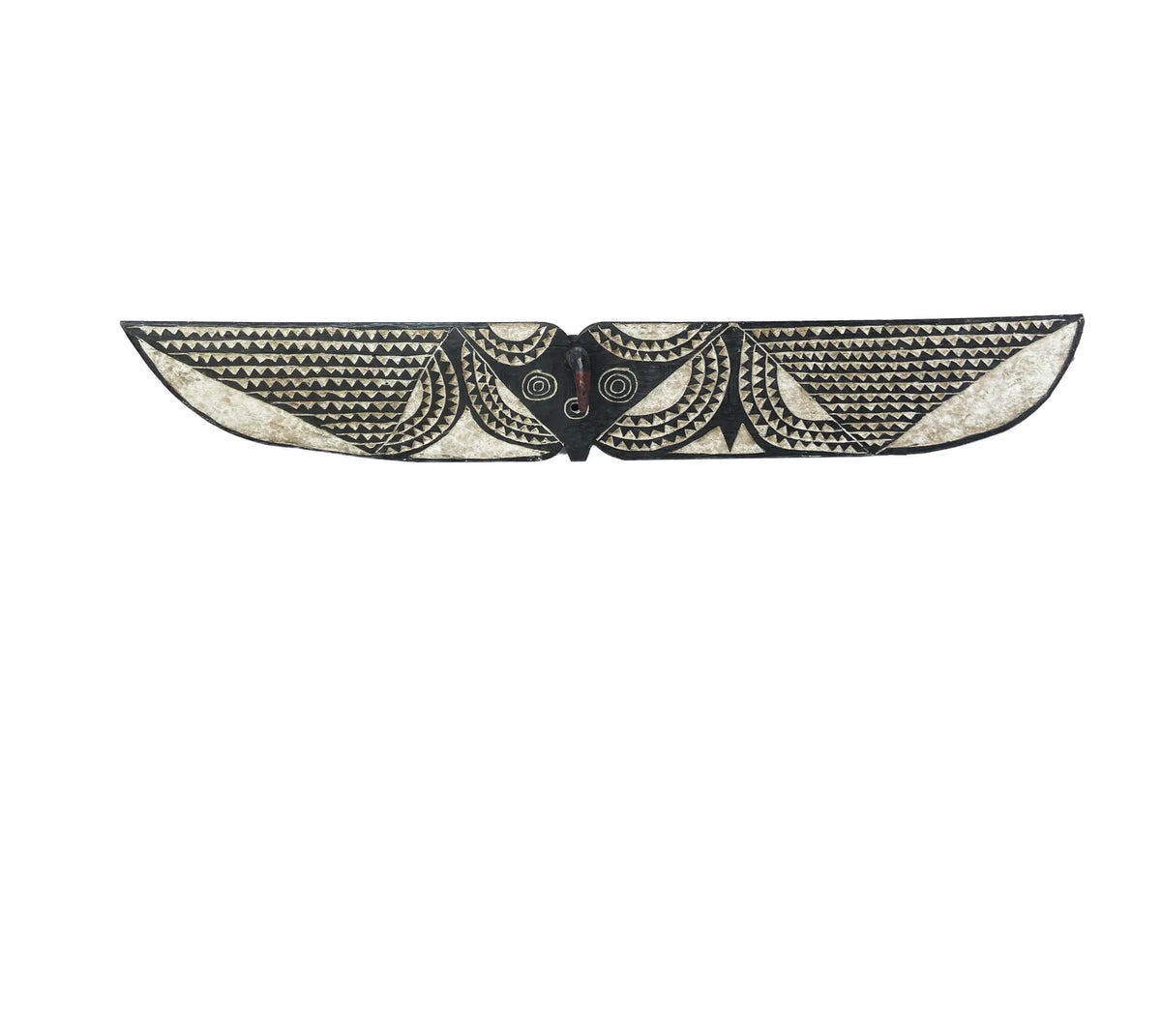 #3586 VTG African Horizontal Butterfly Black & White Mask Sculpture Burkina Faso 76.5" W by 11.5" H