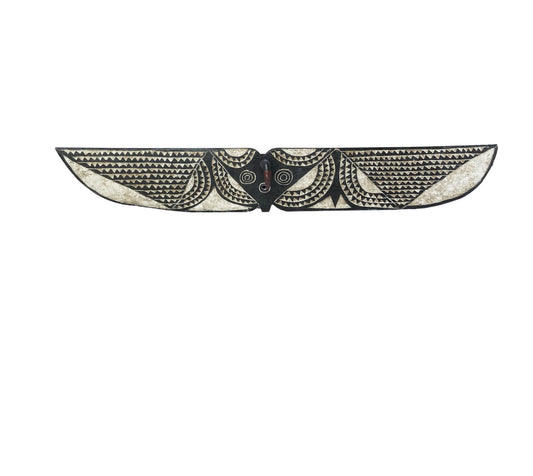 #3586 VTG African Horizontal Butterfly Black & White Mask Sculpture Burkina Faso 76.5" W by 11.5" H