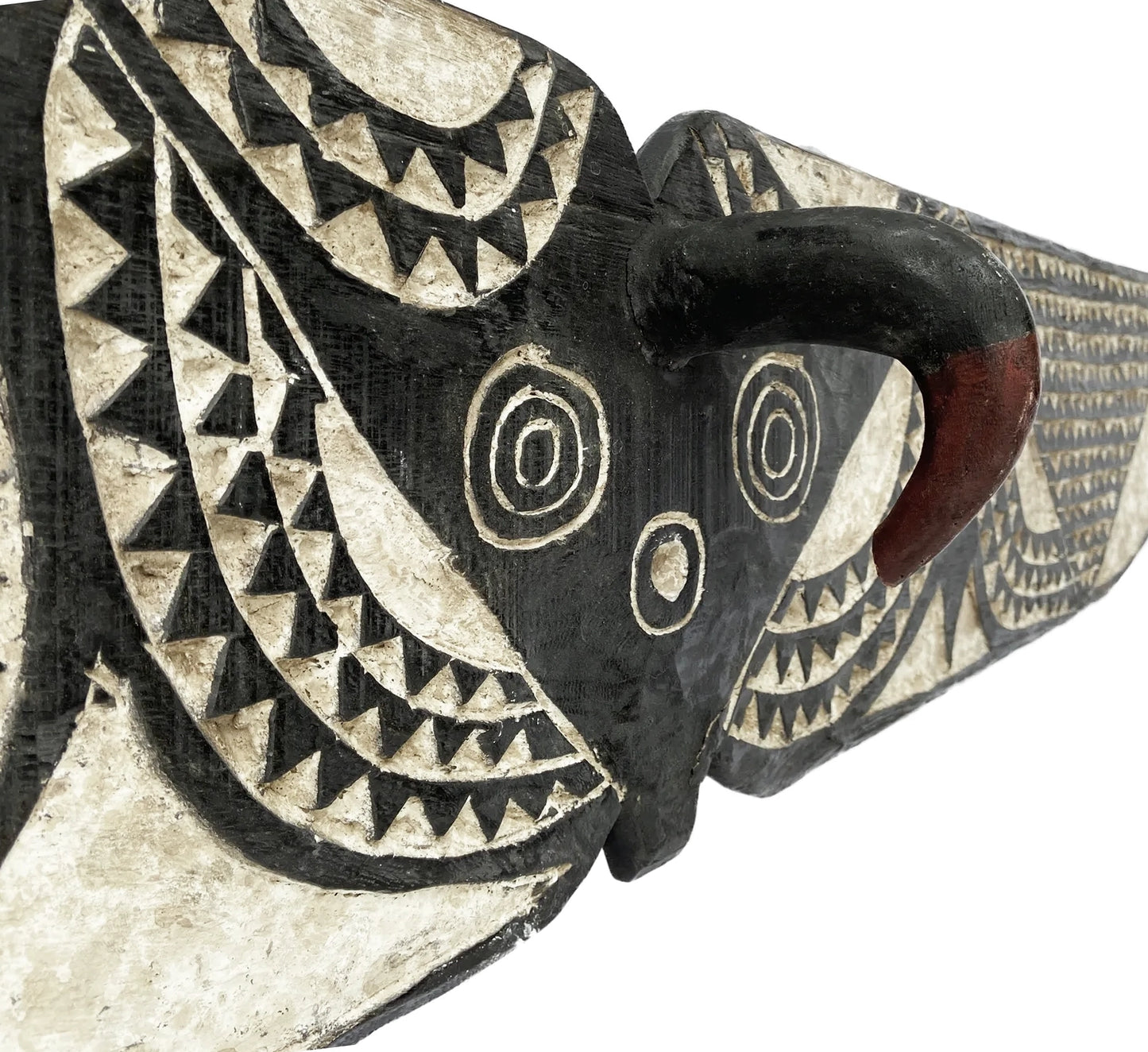 #3586 VTG African Horizontal Butterfly Black & White Mask Sculpture Burkina Faso 76.5" W by 11.5" H
