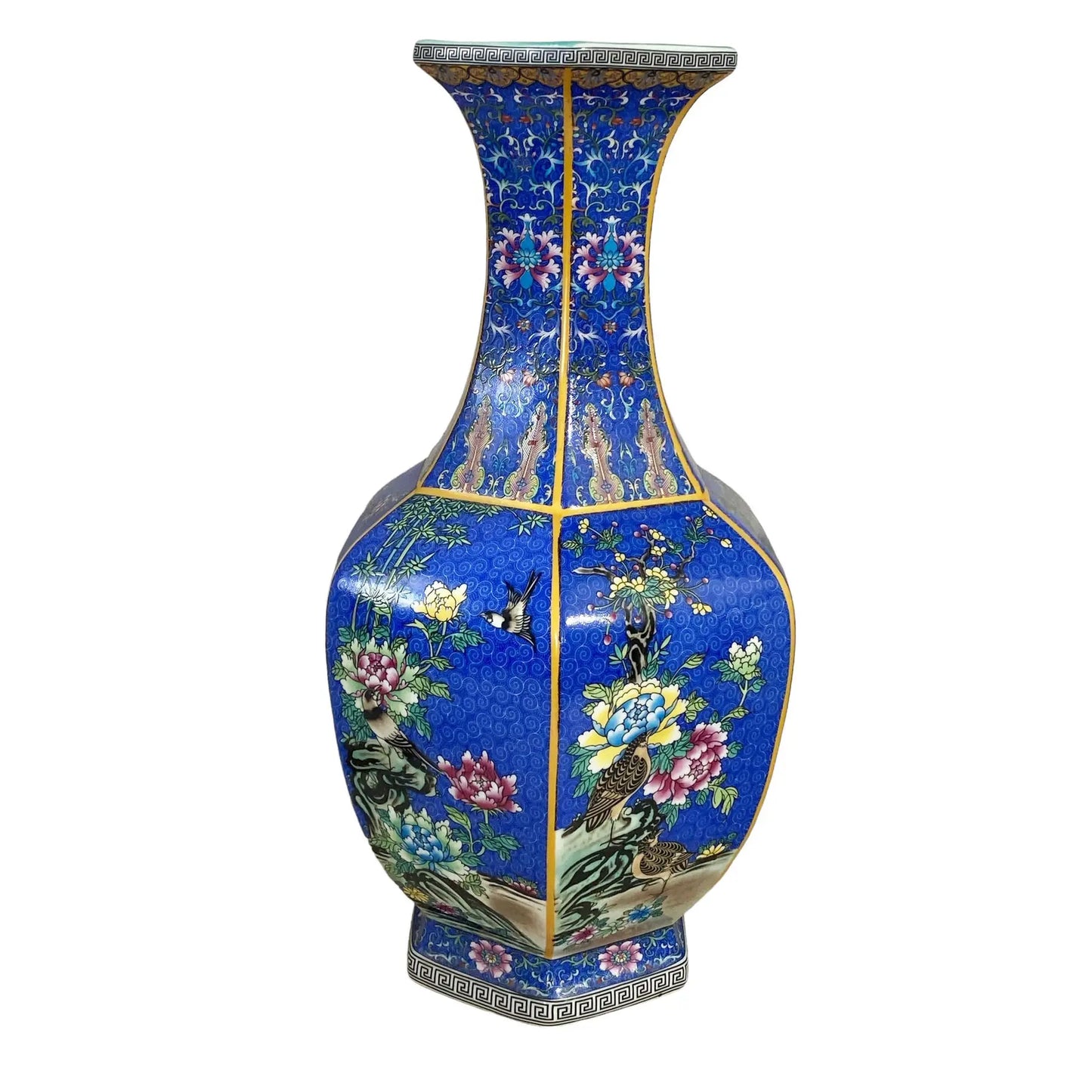 #6569 Chinoiserie Famille Rose Style  Hexagonal Shaped Vase 18" H