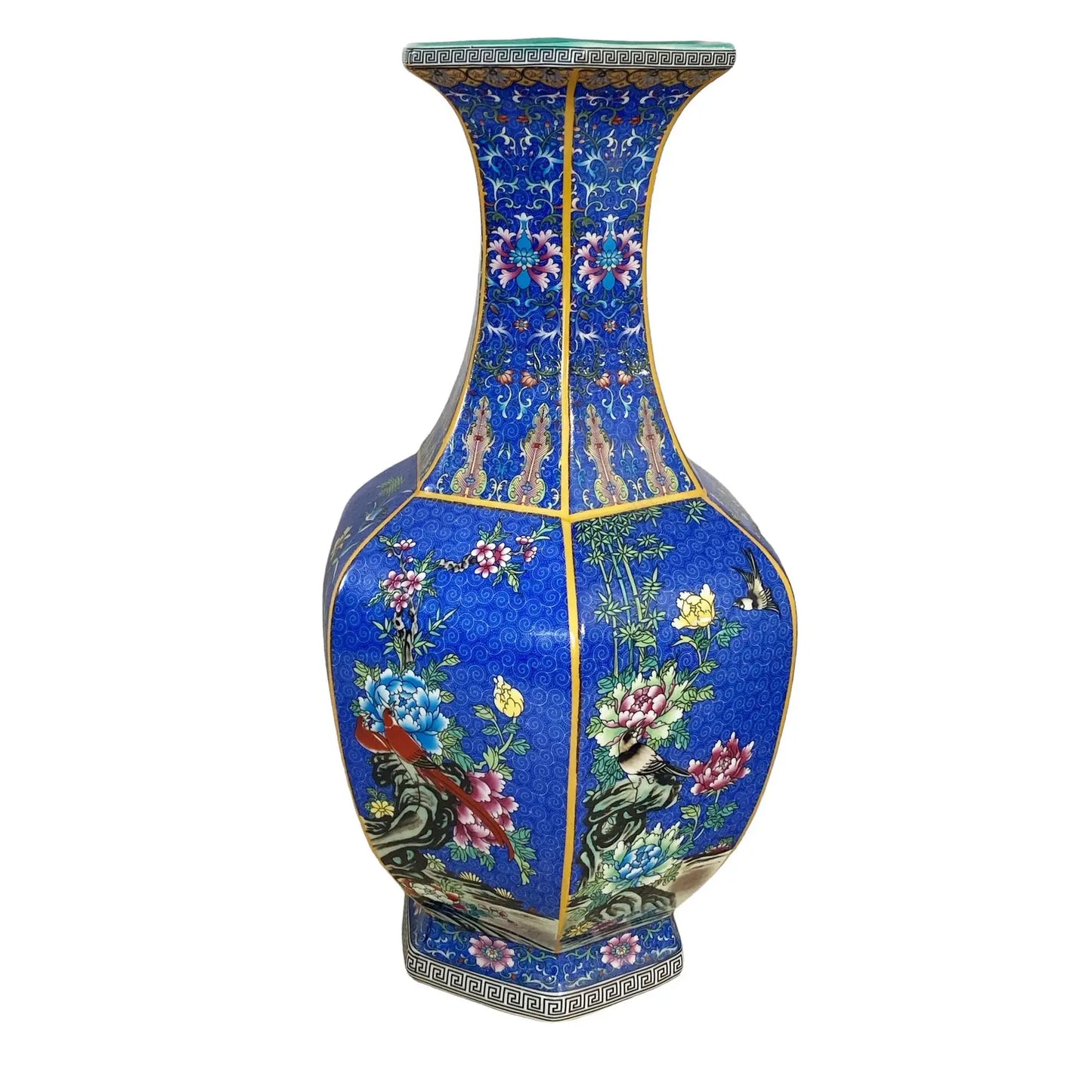 #6569 Chinoiserie Famille Rose Style  Hexagonal Shaped Vase 18" H