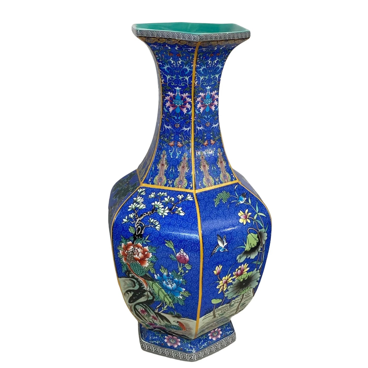 #6569 Chinoiserie Famille Rose Style  Hexagonal Shaped Vase 18" H