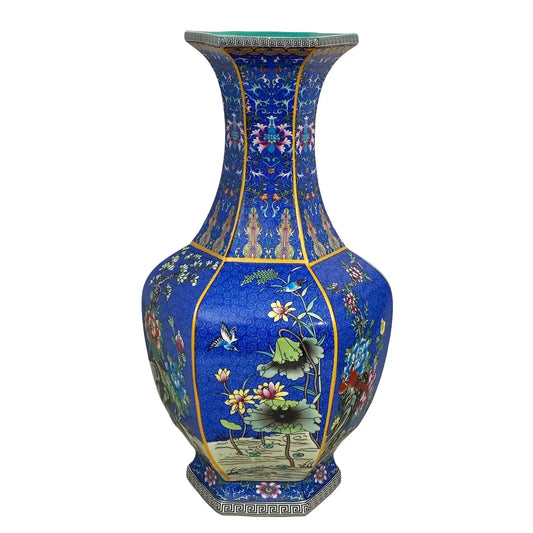 #6569 Chinoiserie Famille Rose Style  Hexagonal Shaped Vase 18" H
