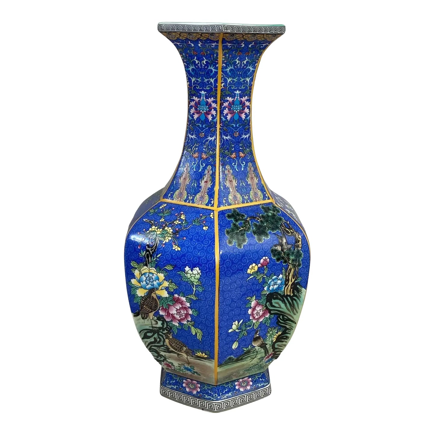#6569 Chinoiserie Famille Rose Style  Hexagonal Shaped Vase 18" H
