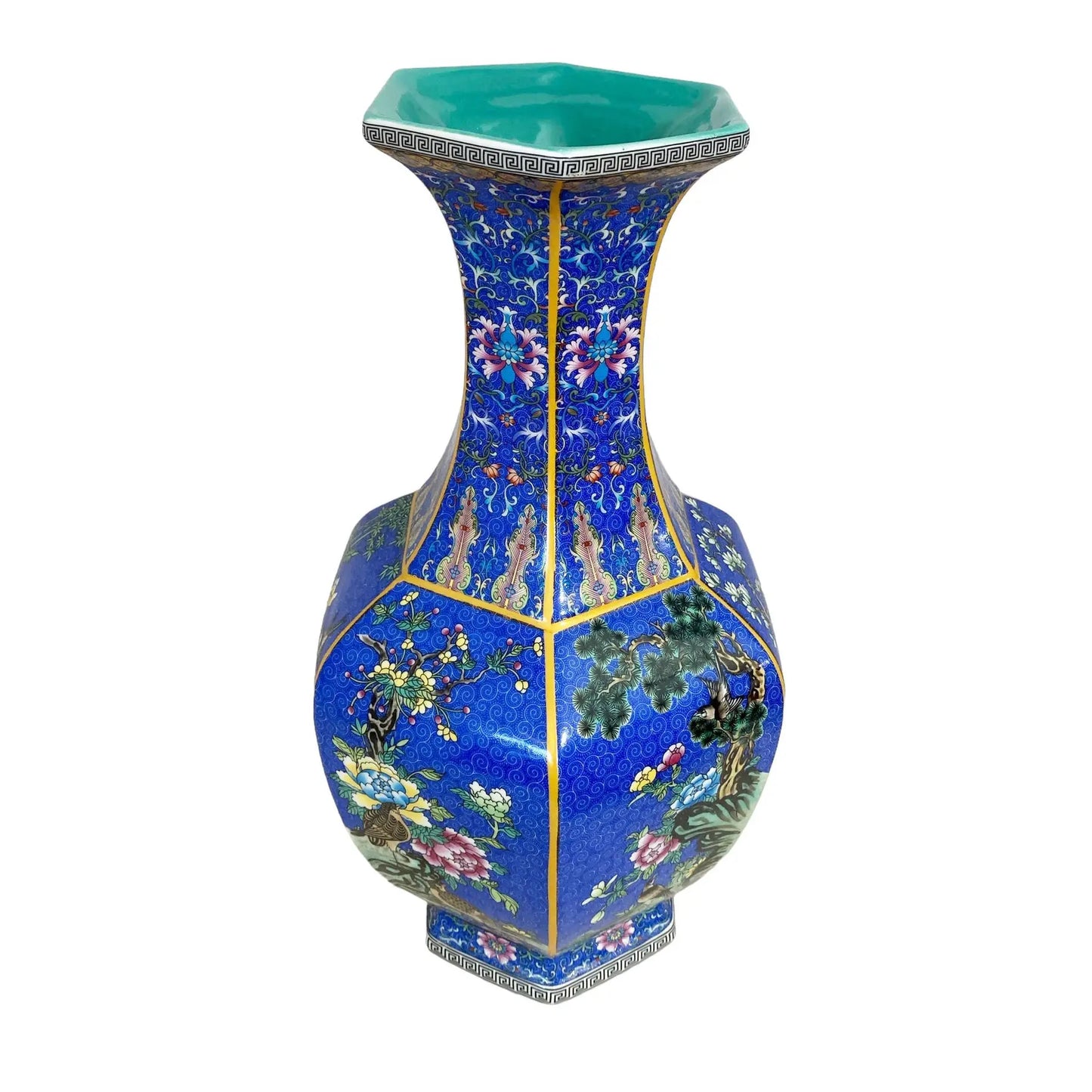 #6569 Chinoiserie Famille Rose Style  Hexagonal Shaped Vase 18" H