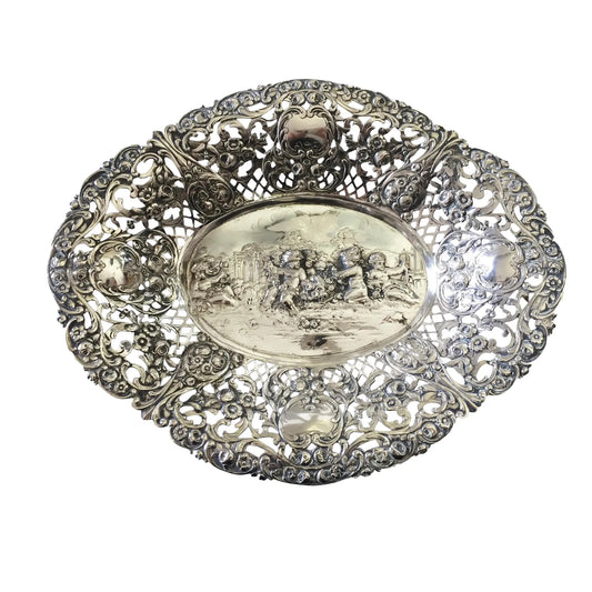 #1371 German 800 Silver Pierced Oval Bowl, C.1900