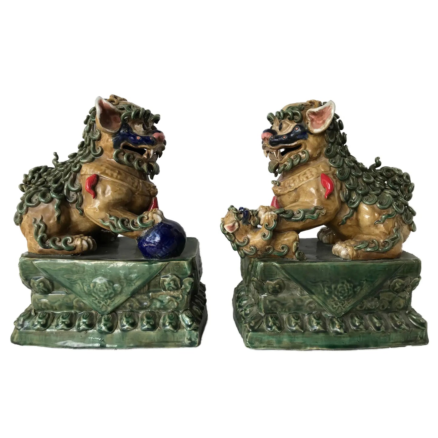 #1488 Vintage Large Chinoiserie Sancai Glaze Pottery Foo Dogs - a Pair 17" H