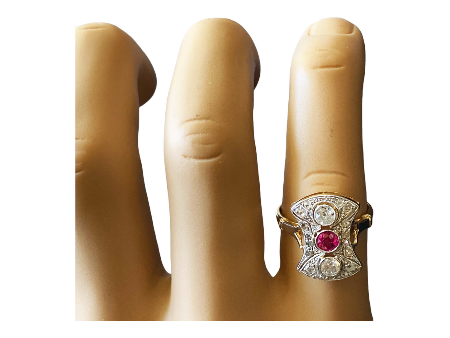 #4781 18k Gold Art Deco Antique Pink Sapphire & Diamond Shield Ring Size 7 1/2