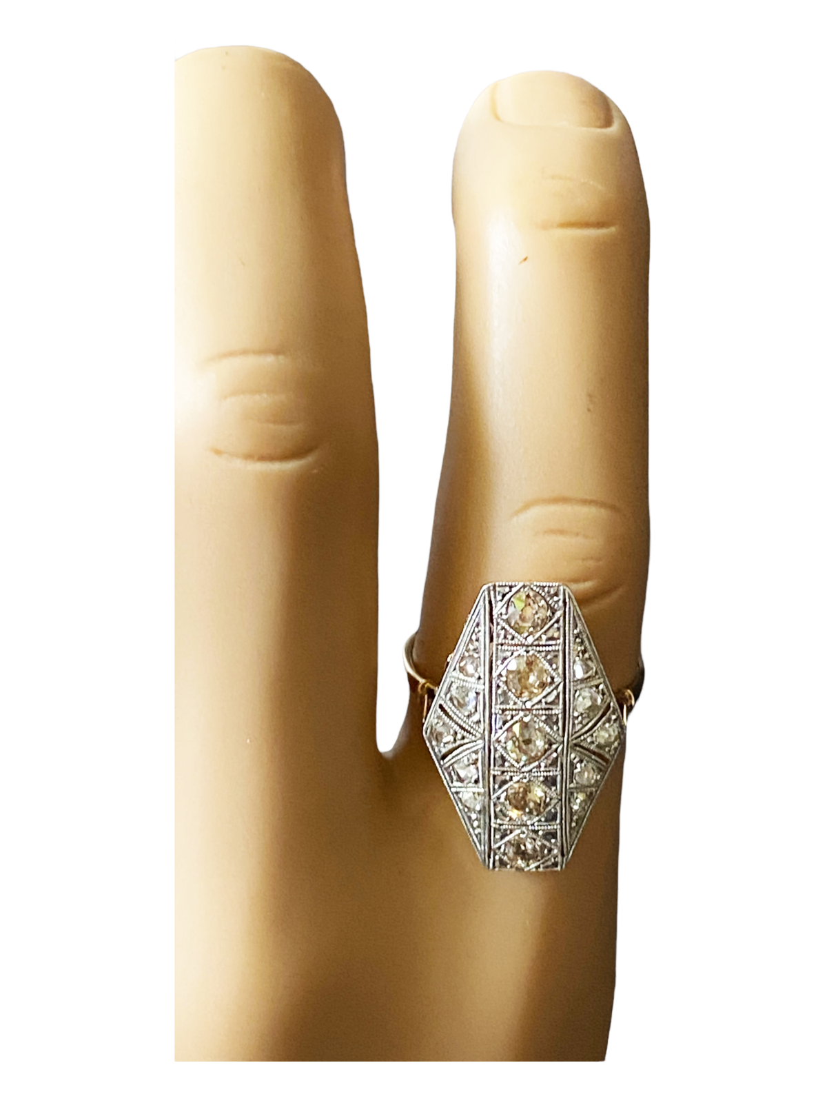 #4878  Art Deco 18k Gold Diamond Cluster Shield Ring