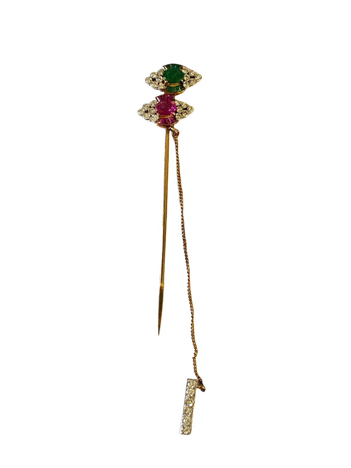 #4782 Antique European 18k Two Toned Gold Emerald and Ruby Stick Pin