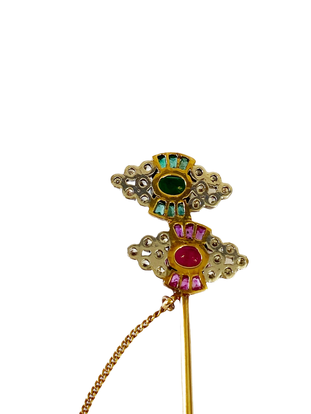 #4782 Antique European 18k Two Toned Gold Emerald and Ruby Stick Pin