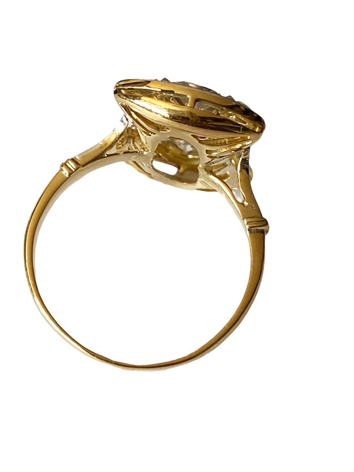 #4781 18k Gold Art Deco Antique Pink Sapphire & Diamond Shield Ring Size 7 1/2