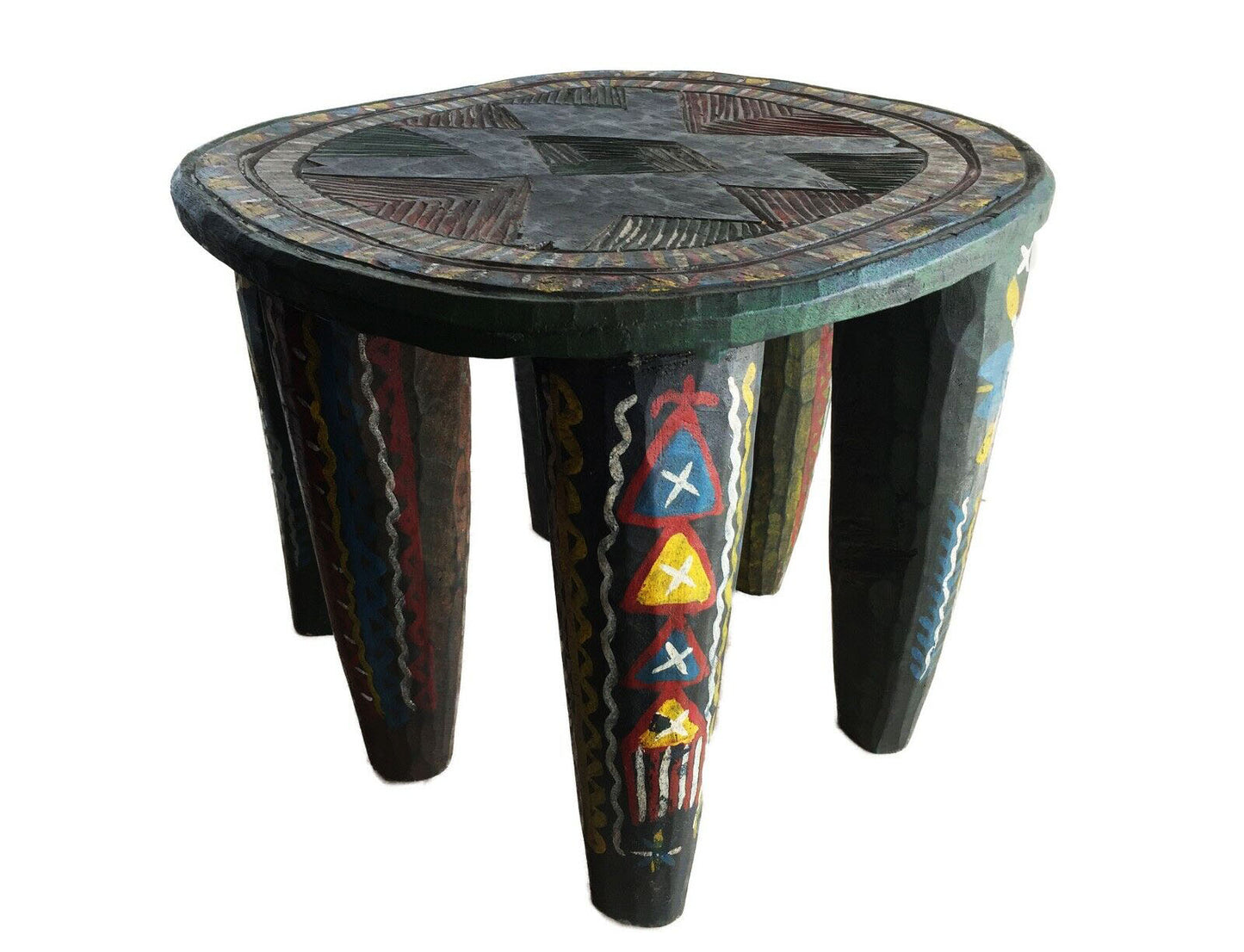 #2169 African LG Colorful  Nupe Stool / Table Nigeria  14" H by 17.5" W