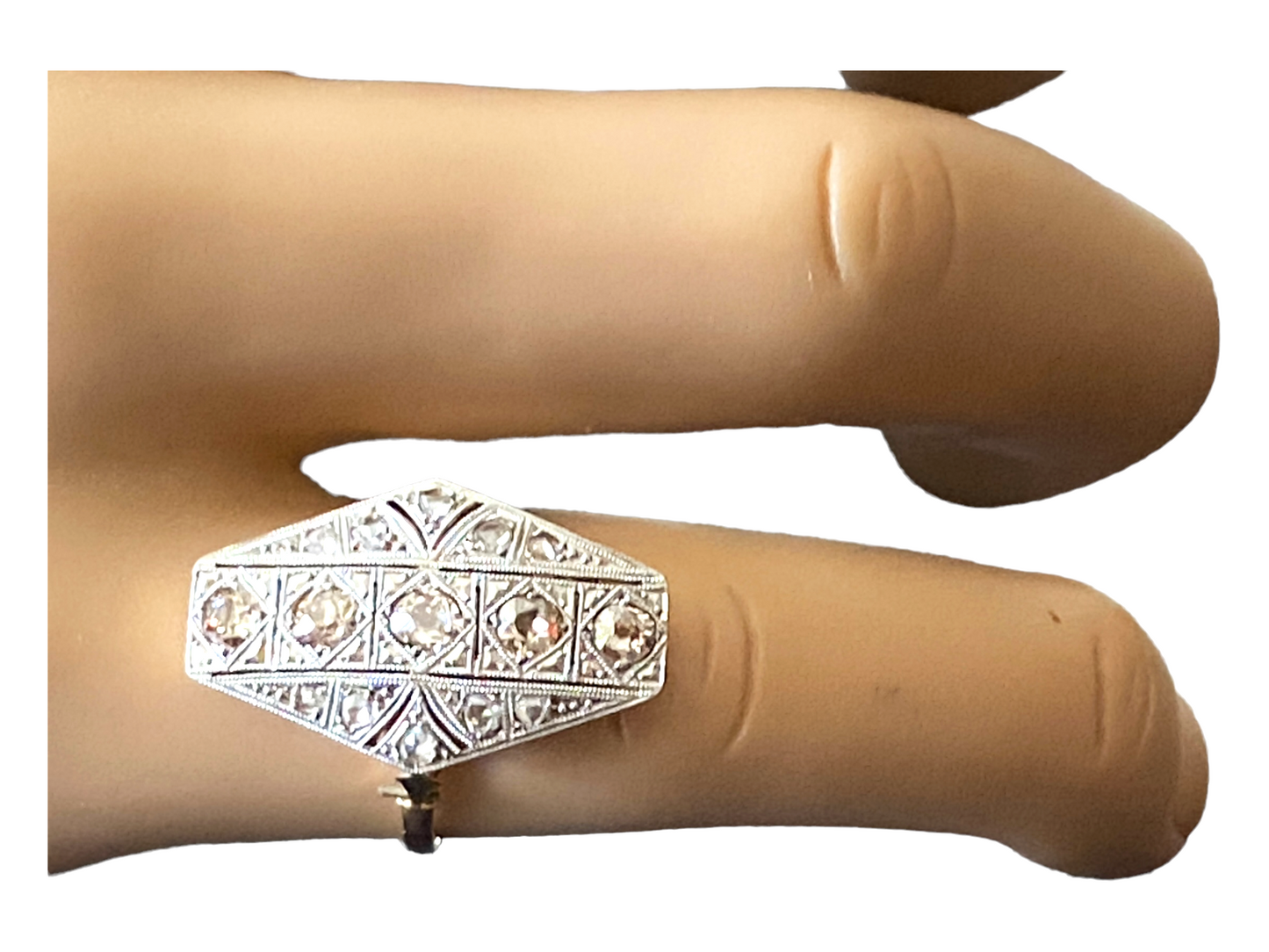 #4878  Art Deco 18k Gold Diamond Cluster Shield Ring
