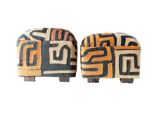 #16 OT Vintage Custom Made African Upholstered Kuba Textile Ottomans, Set of Two