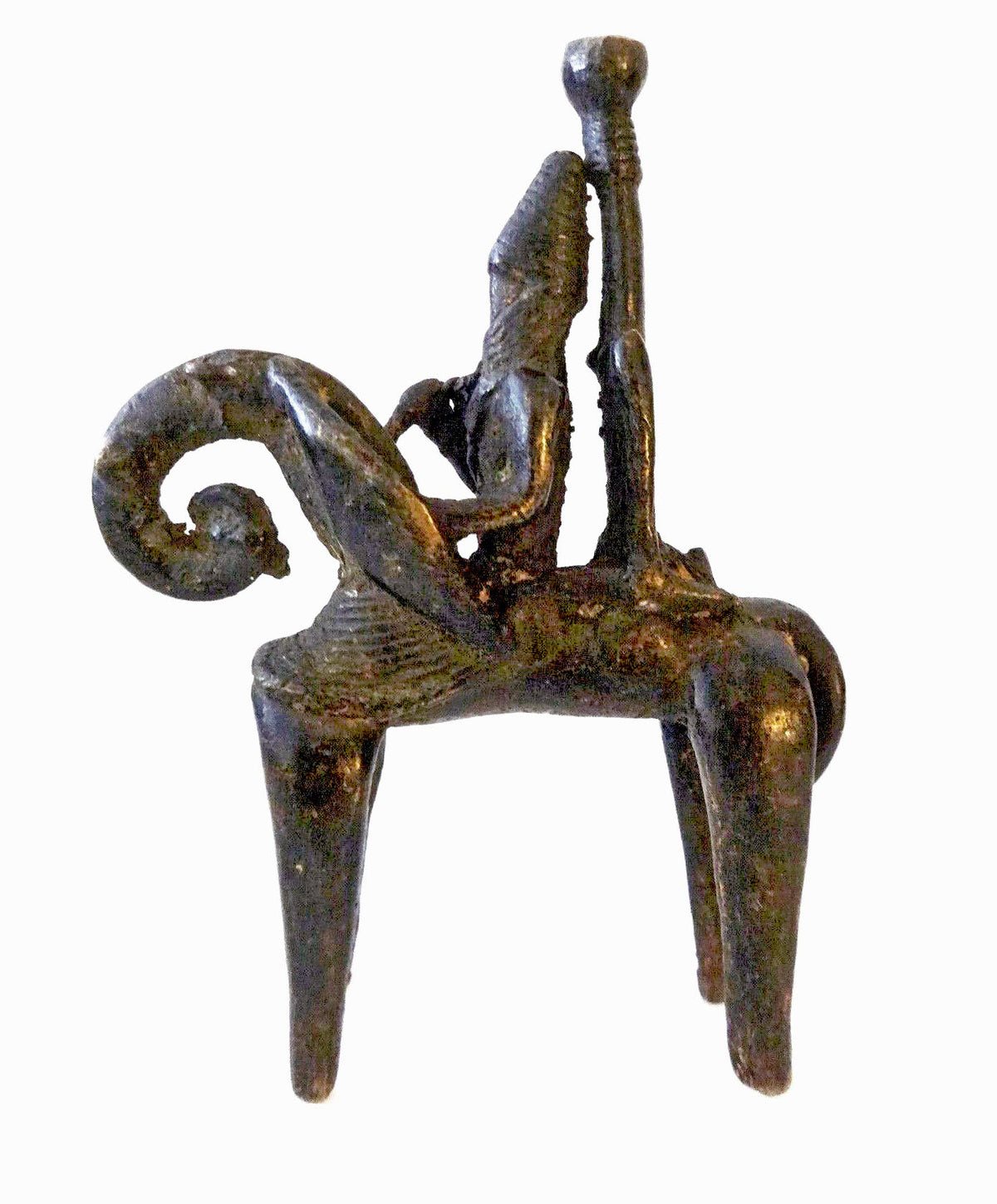 #993  African Dogon Bronze Horseman Cast Handmade Mali 4" W by 5" H