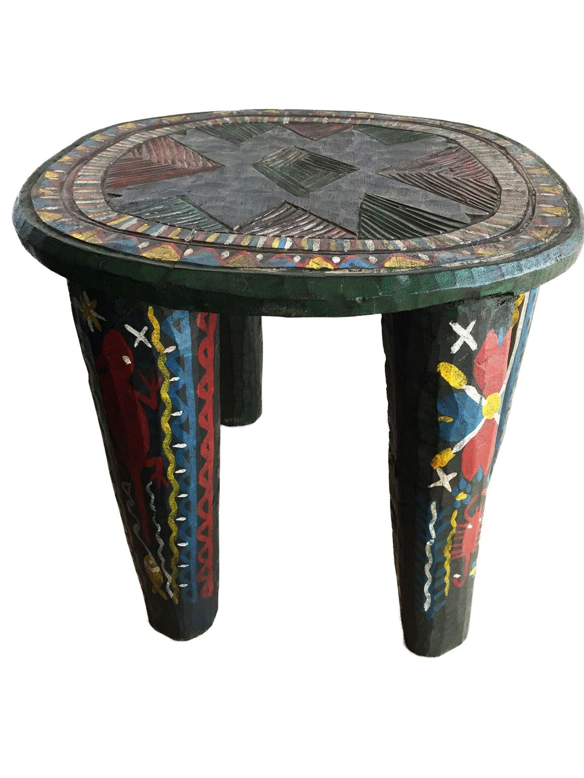 #2169 African LG Colorful  Nupe Stool / Table Nigeria  14" H by 17.5" W