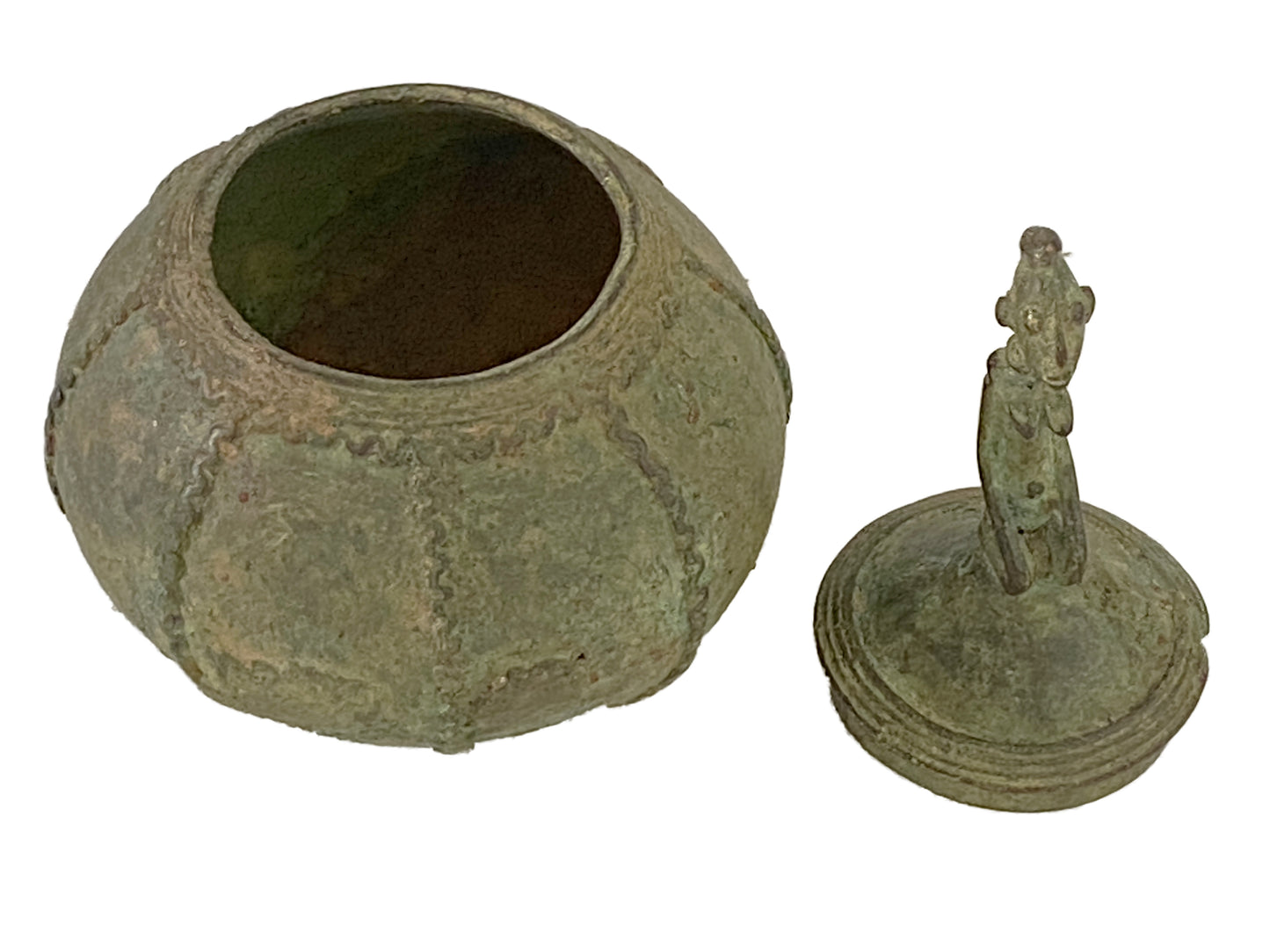 #3414 African Dogon Bronze Lidded Bowl W/a Seating Figure Mali