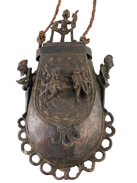 #3402 African Old Ashanti Kudo Bronze Tribal Lidded Bag/Container