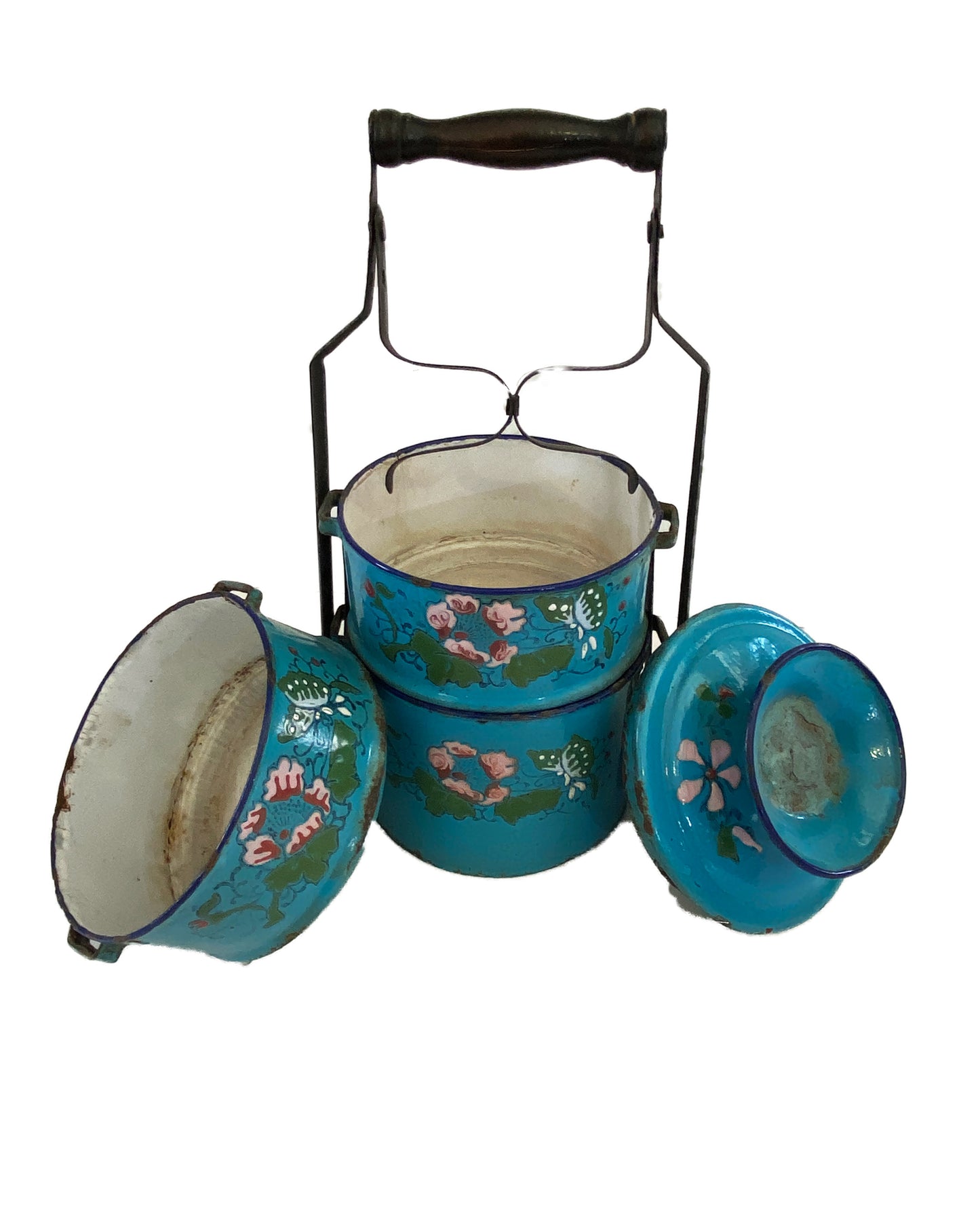 Vintage Asian Blue Enamel Lunch Containers