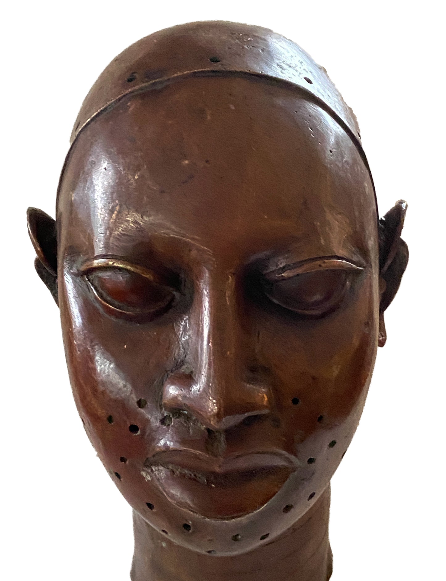 #948 Lg Benin Bronze King Head Oba Nigeria 14' H