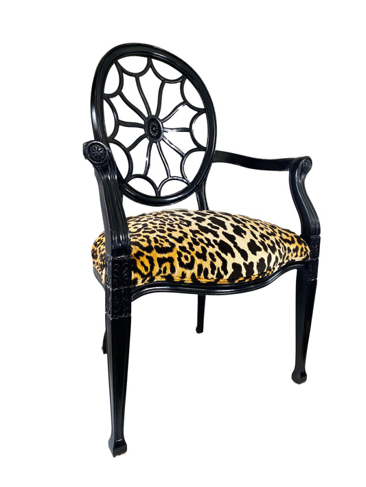#4435 Hepplewhite Style Black Lacquer  Spider Back Armchair w/Animal Print