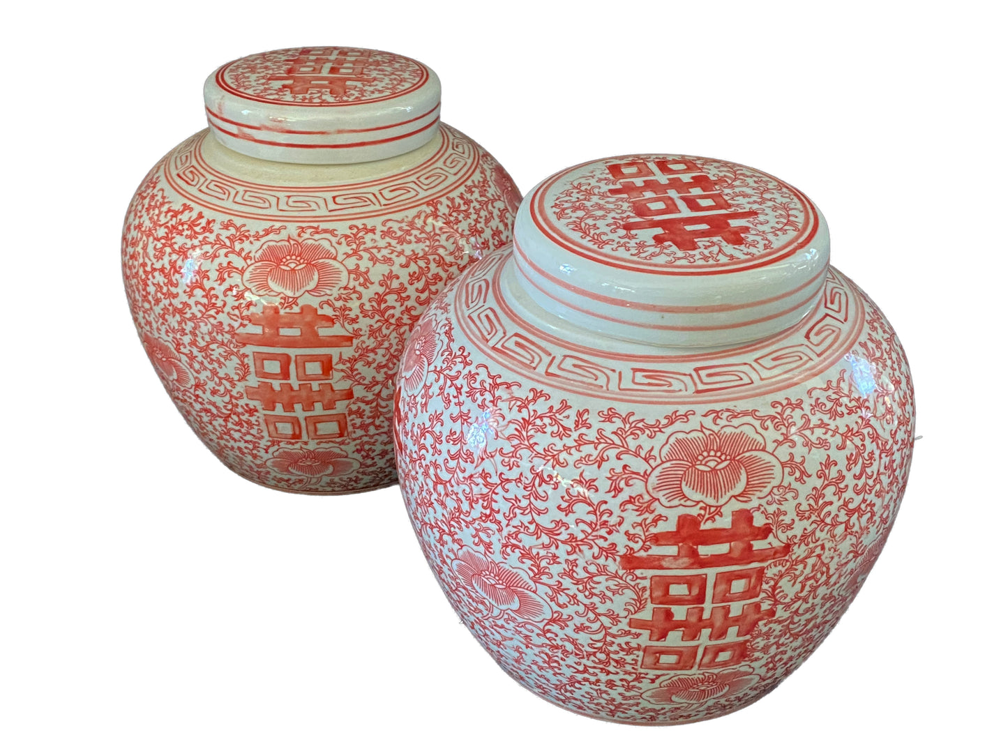 #3172 Chinoiserie Coral and White Double Happiness Ginger Jars/Pair 8.5" H