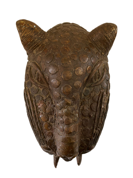 #3821 Vintage LG  Benin bronze Leopard head Nigeria African 13" H