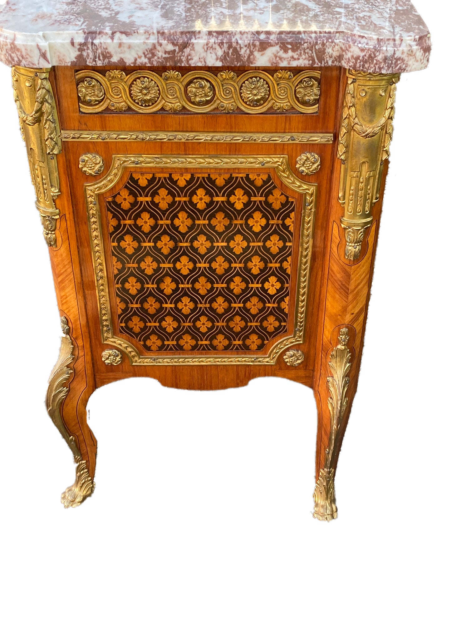 Fine French Bronze Mounted Inlaid Marble Top Commode