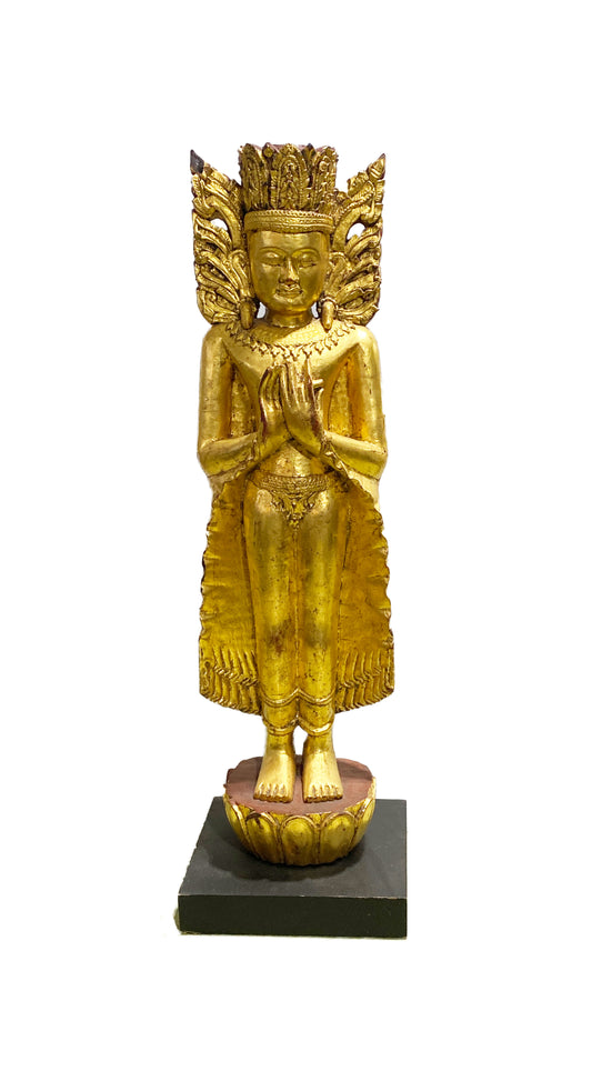 #4400 Old Large Thai Gold Leaf Gilt Wood Standing Buddha Statue 38" H