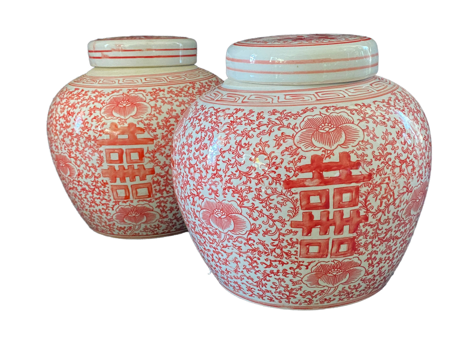 #3172 Chinoiserie Coral and White Double Happiness Ginger Jars/Pair 8.5" H