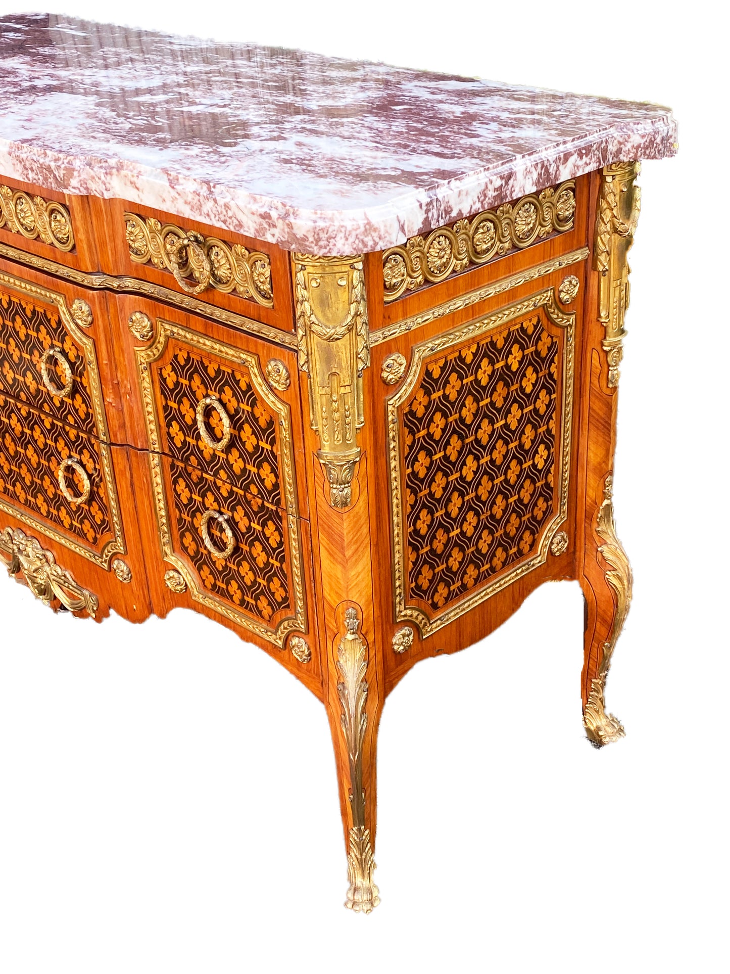 Fine French Bronze Mounted Inlaid Marble Top Commode