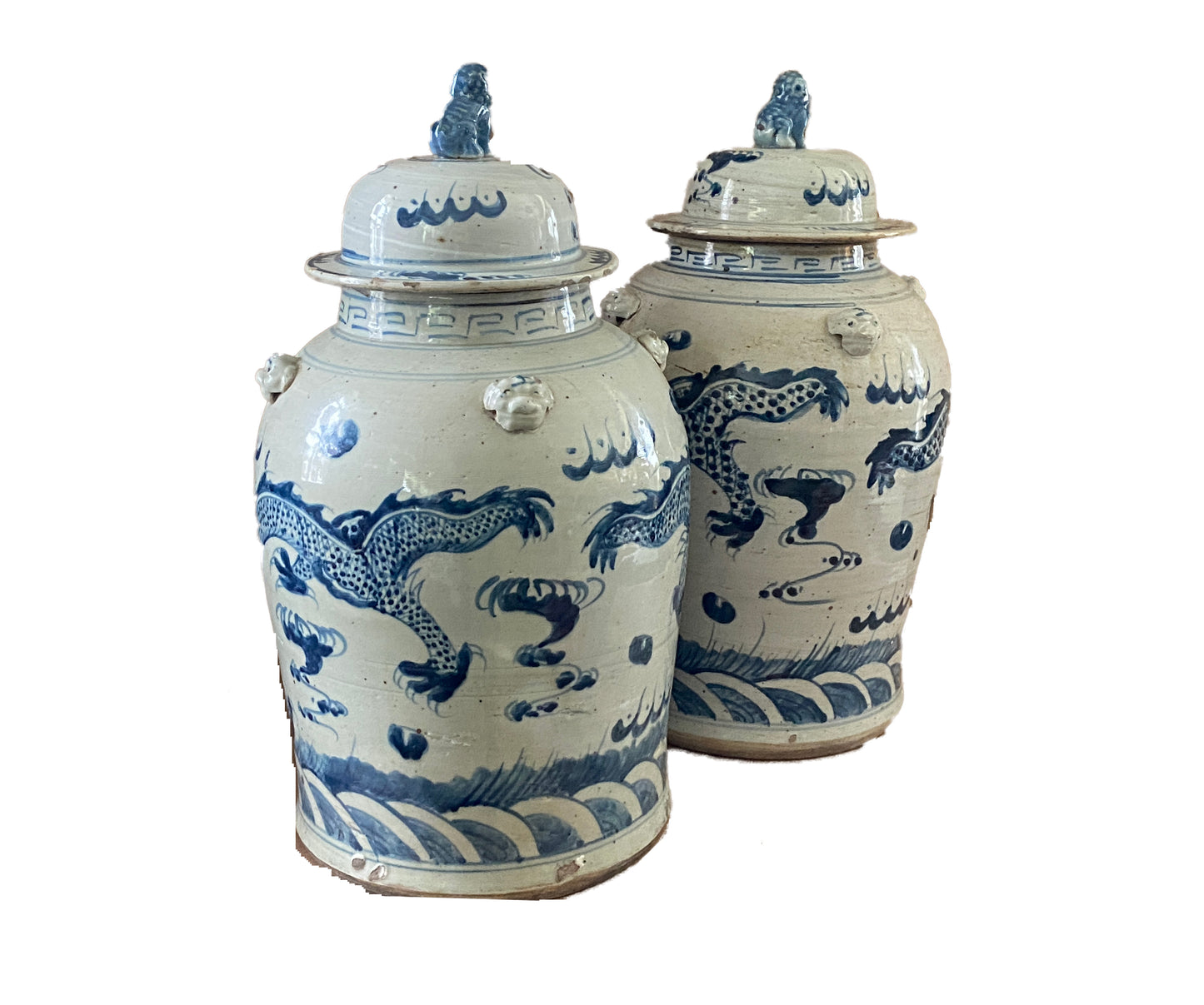 #3148 Chinoiserie Blue and White Porcelain Ginger Jars With Dragons -Pair