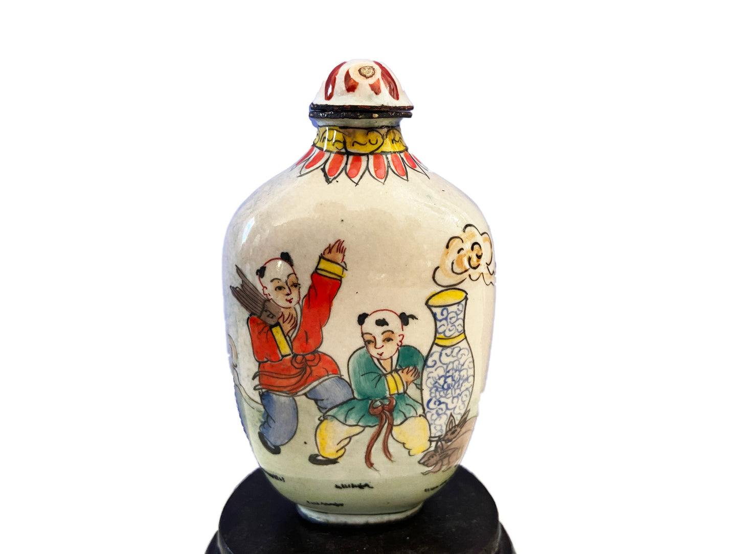 #1874 Vtg Chinoiserie Colorful Enamel Snuff Bottle 3" H