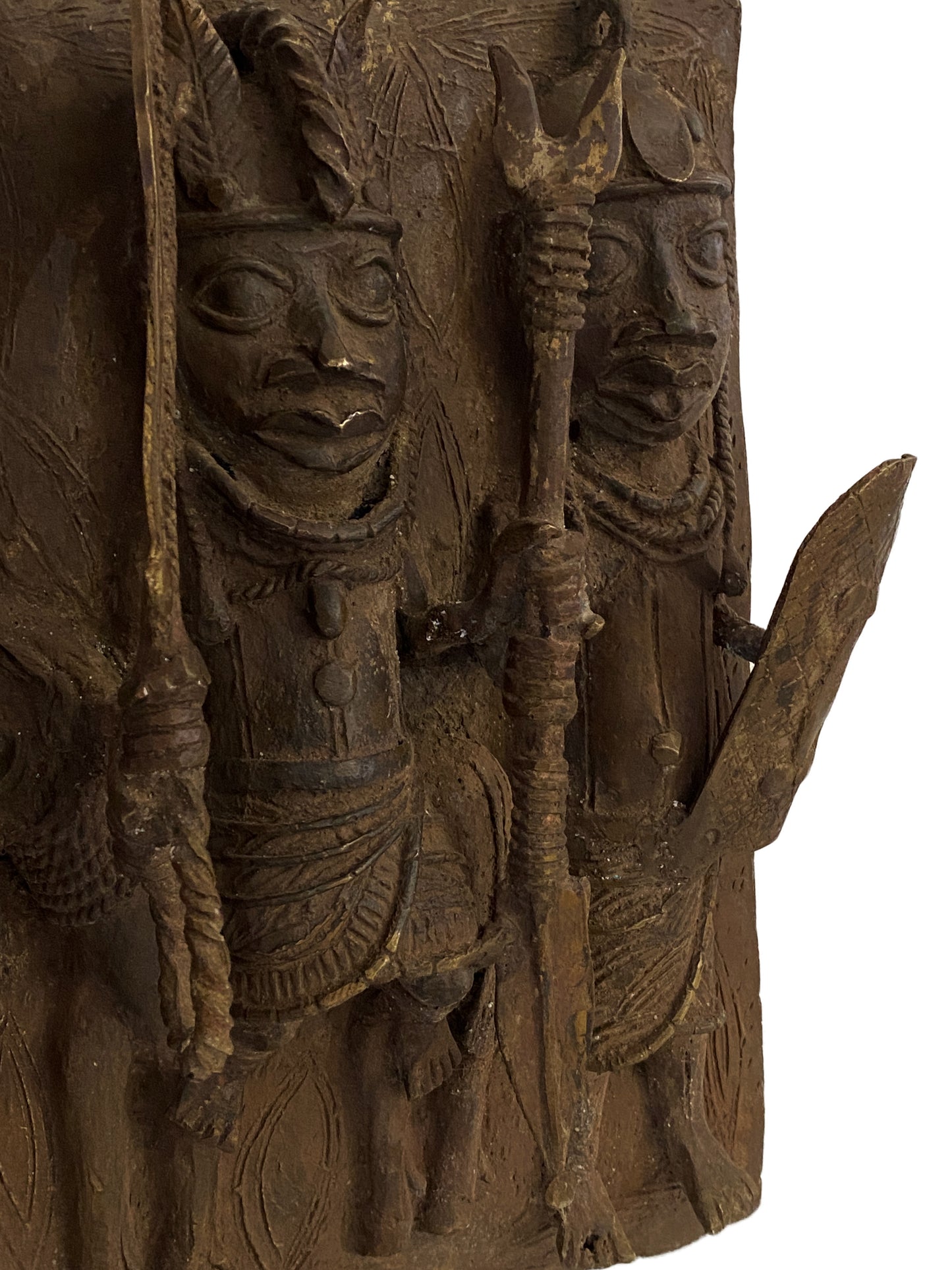 #3925  African Benin Bronze Plaque W/ Warriors 13.25" H
