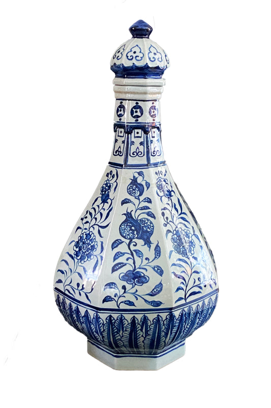Chinoiserie Octagonal Blue & White Lidded Vase 24" H