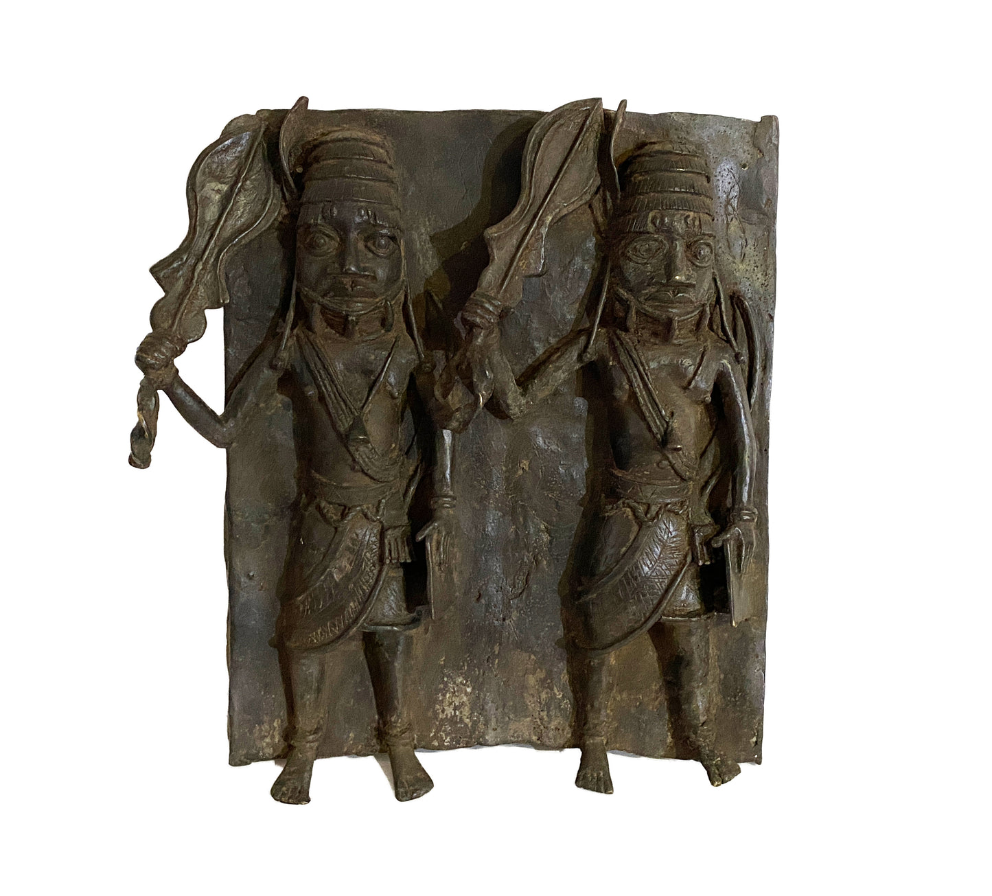 #3877 Large African Benin Bronze Plaque W/ Warriors 18.25" H