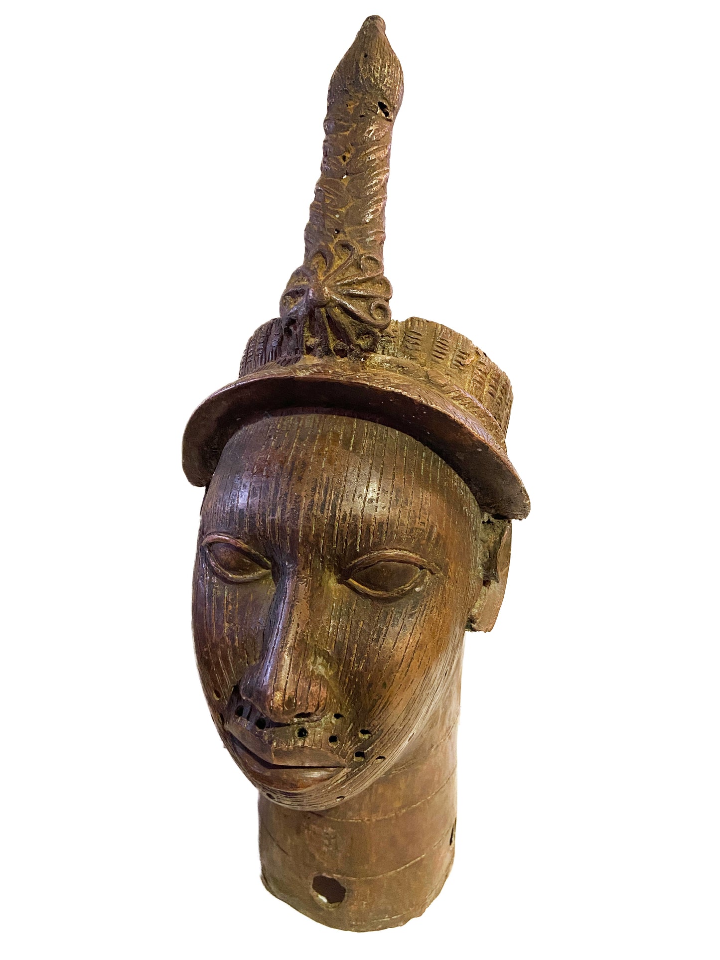 # 969 Superb Lg Benin Bronze Head of Oba Nigeria African 21.5" H