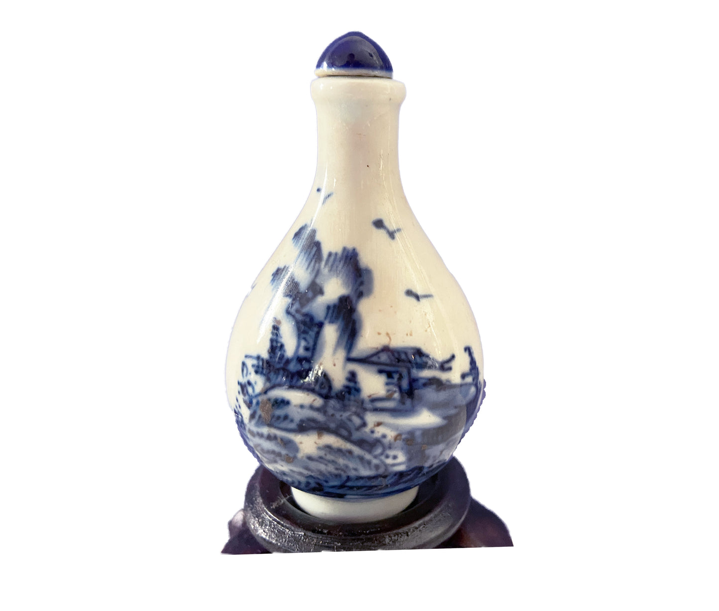 Vtg Chinoiserie Blue & White Porcelain Snuff Bottle on Stand 4.25" H