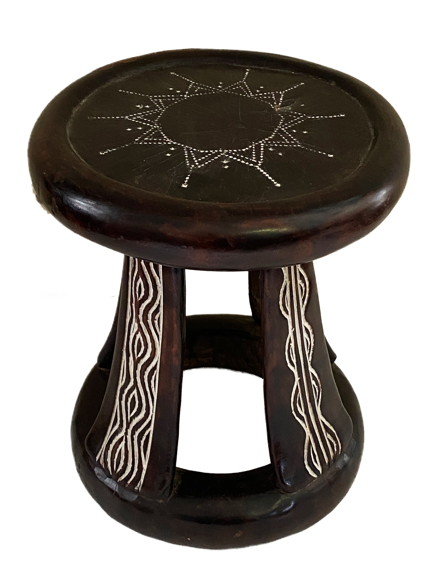 #3958  Superb Old African Baule Low Stool with  White Carved Pattern 10.75" H