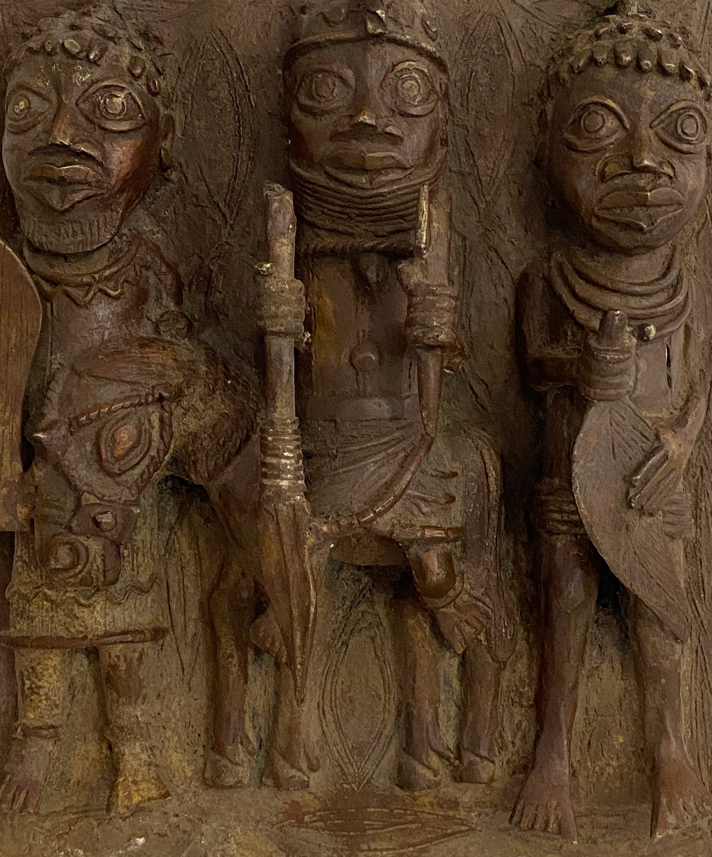 #3927  African Benin Bronze Plaque W/ Warriors 12.5" H