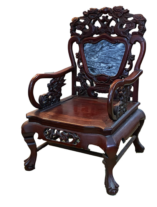 #3703 Antique Chinese Peranakan Dragons Rosewood Arm Chair With Marble Insert