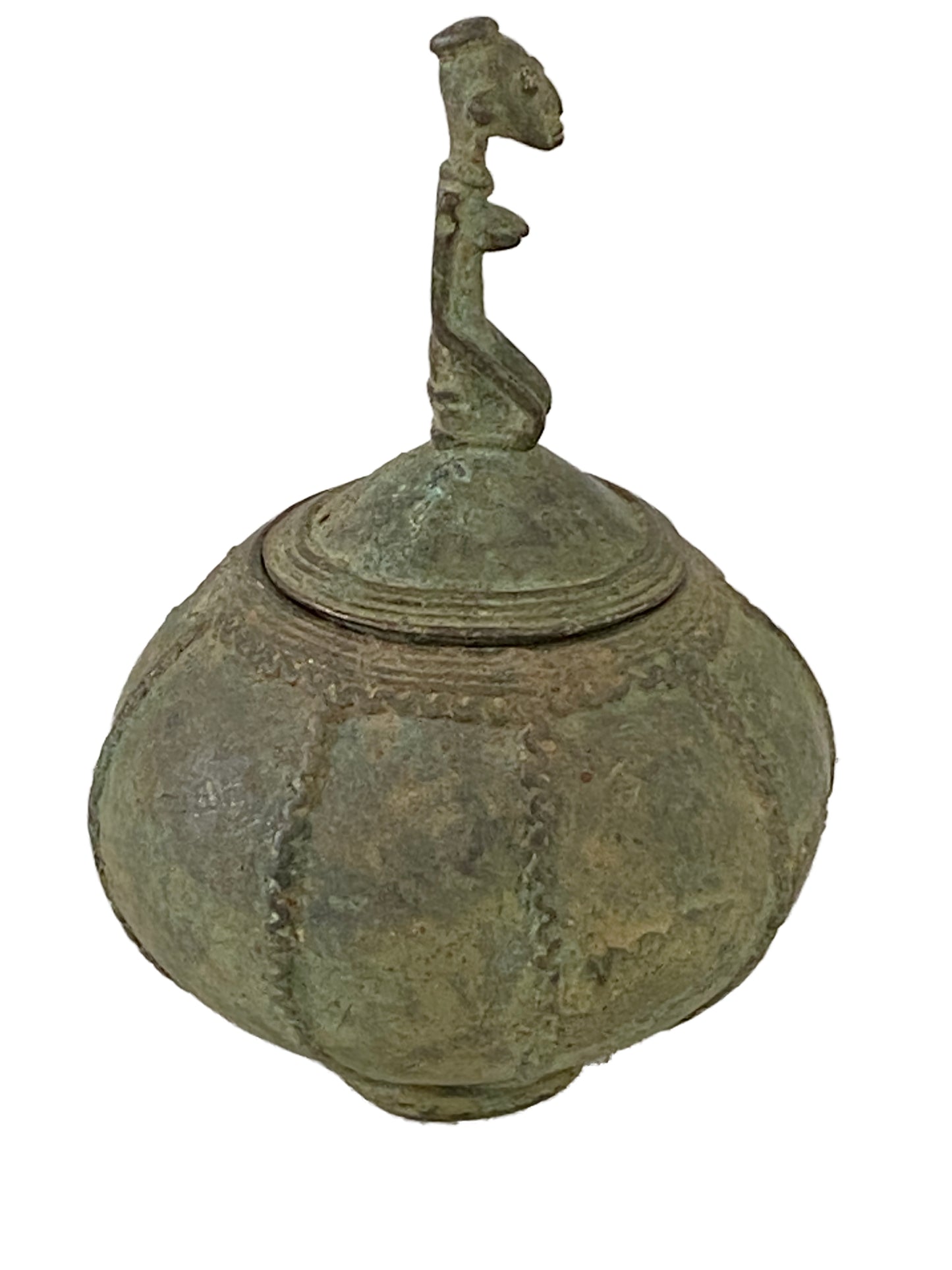 #3414 African Dogon Bronze Lidded Bowl W/a Seating Figure Mali